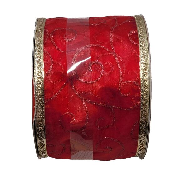 Sheer Red Ribbon Gold Trim Glitter Swirls Wired Christmas Bow Wedding 3.75" 50ft - Picture 1 of 4